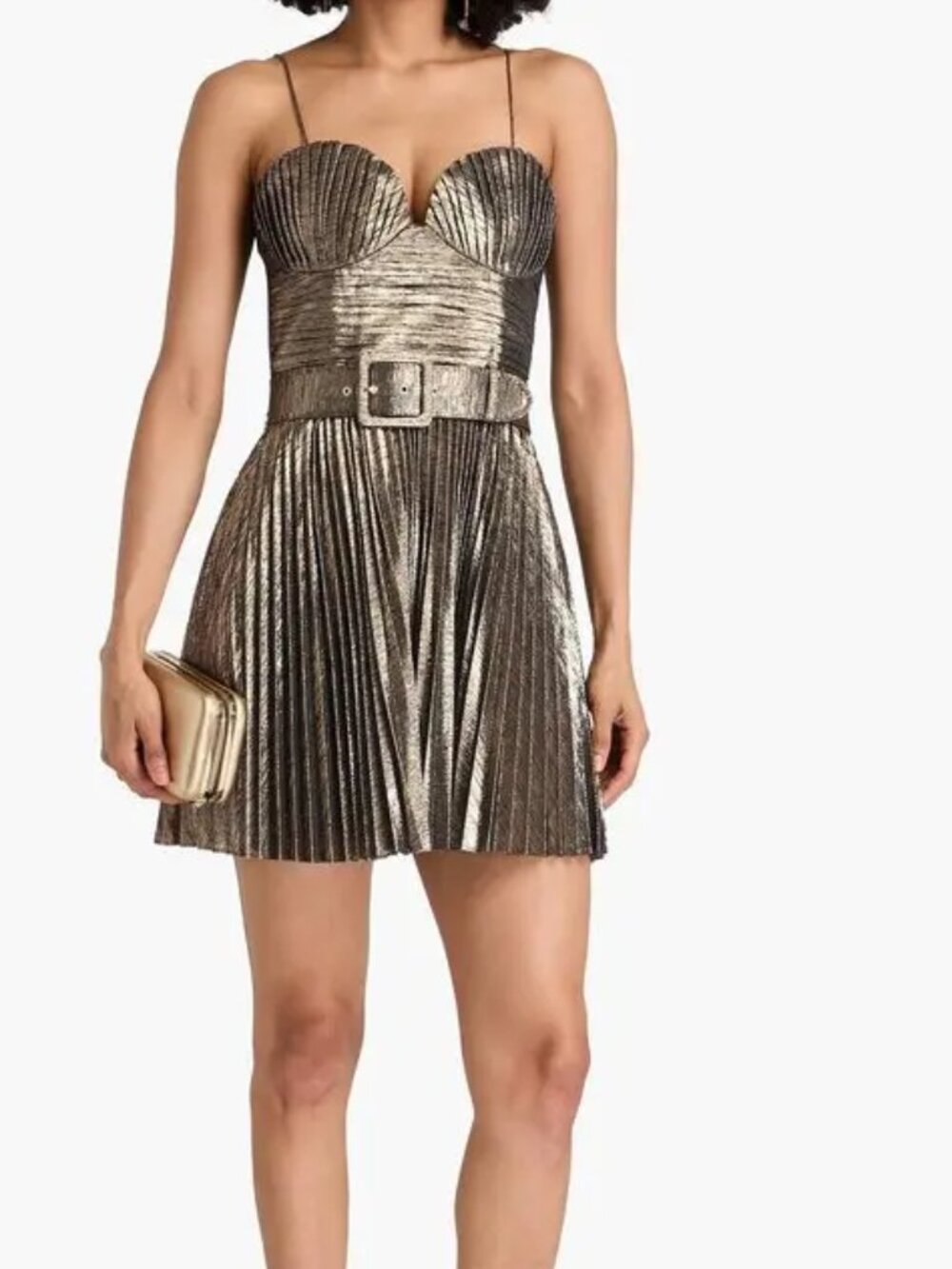 Rebecca Vallance Metallic Gold Pleated Mini Dress